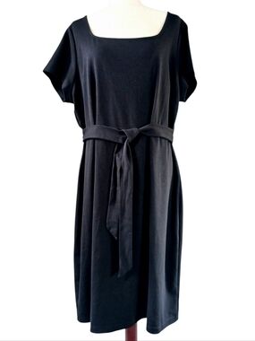 Cotton Dress Tie Waist Short Sleeve Square Neckline Stretch Black Size 2X NEW